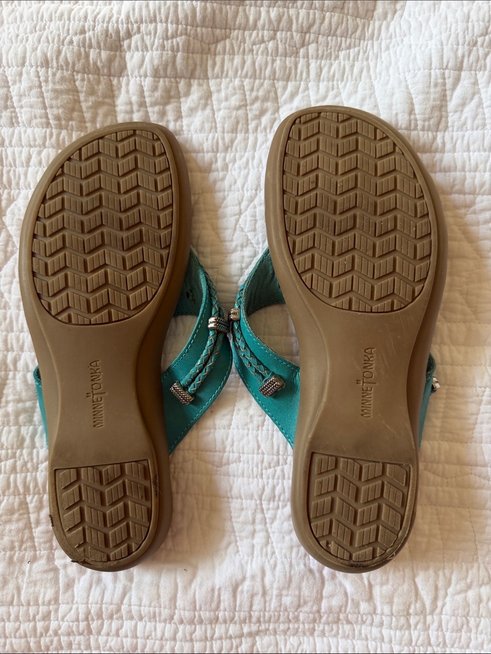 Minnetonka Turquoise Braided Thong Sandals with Silver Accents - Picture 2 of 3